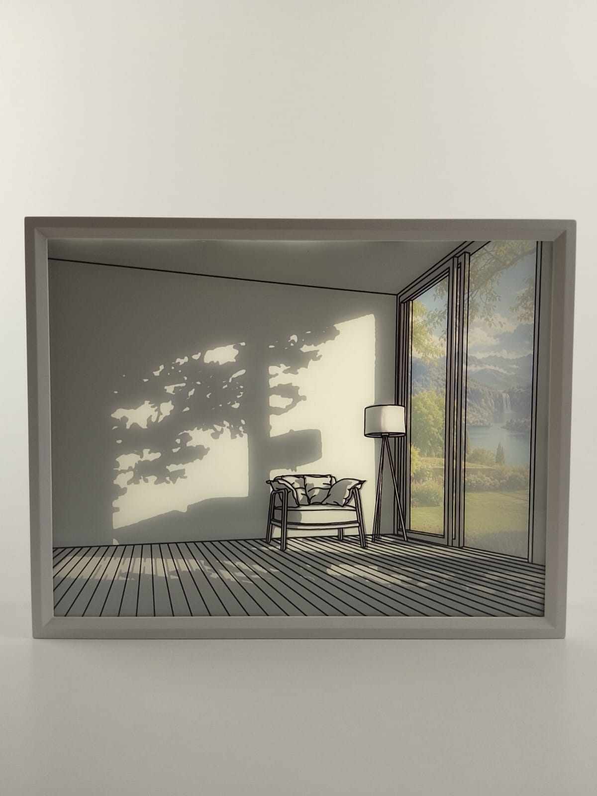 Sunlit Stillness light-up artwork with a warm, visible landscape through the tall window