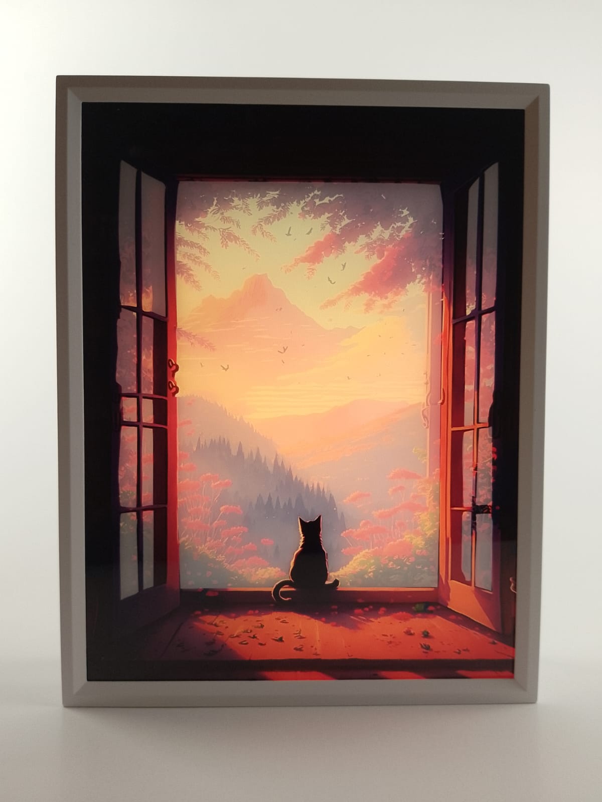 ARSA Twilight Watcher cat and sunset artwork illuminated in lighting mode 3