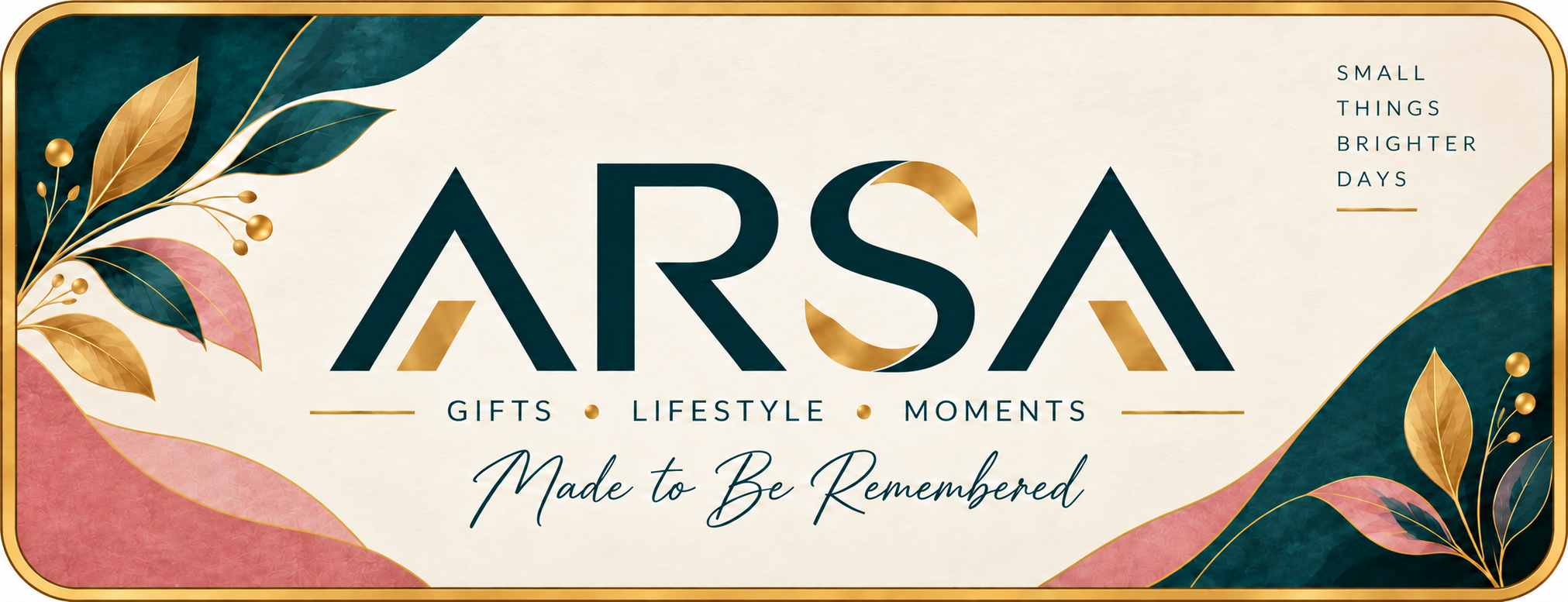 ARSA brand sticker with gold border and Gifts. Lifestyle. Moments.